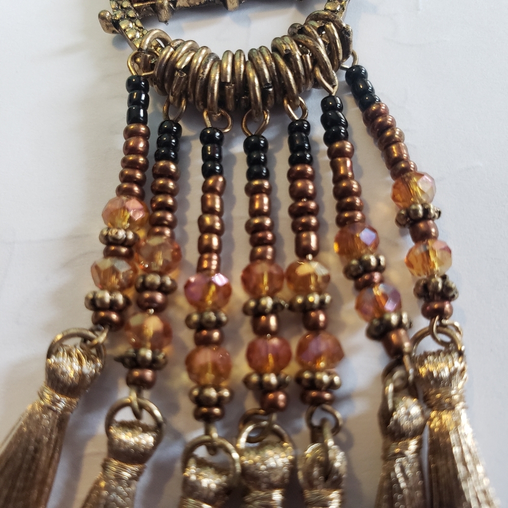 BRONZE & GOLDEN BEADED TASSEL FAUX RHINESTONE BOHO CHIC BOHEMIAN FESTIVAL EARRIN - Picture 10 of 13